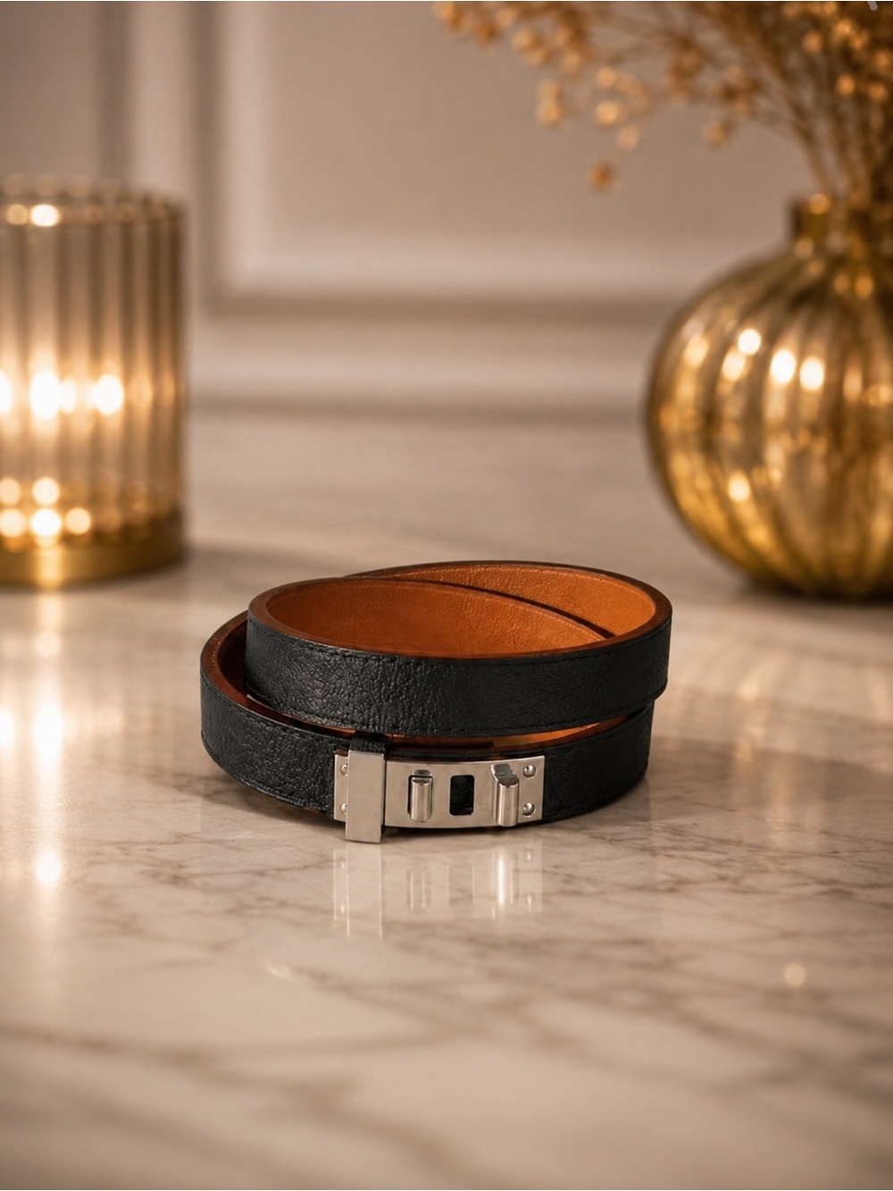 Hermes Black Mini Dog Double Tour Leather & Silver Hardware Bracelet | Full Set